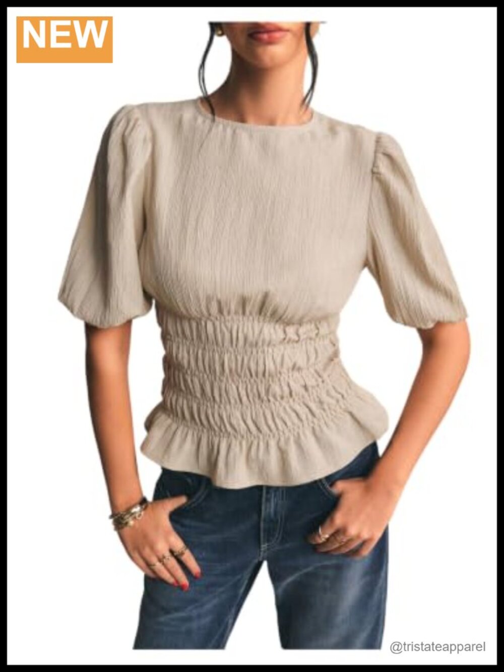 Textured Puff Short Sleeve Blouse Smocked Cinched Waist Dressy Top